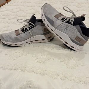 On Running Light Gray and Tan Athletic Shoes